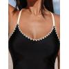 CUPSHE Women’s One Piece Swimsuit Bathing Suit Scoop Neck Back Tie Shell Stitch Ruched Swimwear(Black/Beige)