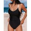CUPSHE Women’s One Piece Swimsuit Bathing Suit Scoop Neck Back Tie Shell Stitch Ruched Swimwear(Black/Beige)