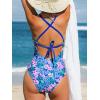 CUPSHE Women’s One Piece Swimsuit Bathing Suit Scoop Neck Back Tie Shell Stitch Ruched Swimwear(Blue/Pink Floral)