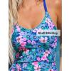 CUPSHE Women’s One Piece Swimsuit Bathing Suit Scoop Neck Back Tie Shell Stitch Ruched Swimwear(Blue/Pink Floral)