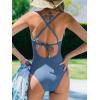 CUPSHE Women’s One Piece Swimsuit Bathing Suit Scoop Neck Back Tie Shell Stitch Ruched Swimwear(Gray Blue)