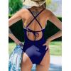 CUPSHE Women’s One Piece Swimsuit Bathing Suit Scoop Neck Back Tie Shell Stitch Ruched Swimwear(Navy Blue)