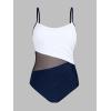 CUPSHE Women’s One Piece Swimsuit Bathing Suit Scoop Neck Cutout Back Hook Color Block Mesh Swimwear(Navy Blue/White)