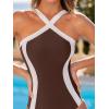 CUPSHE Women’s One Piece Swimsuit Cross Front High Neck Bathing Suit Adjustable Straps Color Block Swimwear(Brown/White)