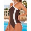 CUPSHE Women’s One Piece Swimsuit Cross Front High Neck Bathing Suit Adjustable Straps Color Block Swimwear(Brown/White)