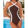 CUPSHE Women’s One Piece Swimsuit Cross Front High Neck Bathing Suit Adjustable Straps Color Block Swimwear(Brown/White)