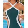 CUPSHE Women’s One Piece Swimsuit Cross Front High Neck Bathing Suit Adjustable Straps Color Block Swimwear(Emerald Green/White)