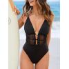 CUPSHE Women’s One Piece Swimsuit Deep V Neck Bathing Suit Back Self Tie Mesh Ruching Adjustable Straps(Black)