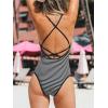 CUPSHE Women’s One Piece Swimsuit Deep V Neck Bathing Suit Crisscross Back Adjustable Straps Spaghetti Ribbed Cheeky(Black/White Striped)
