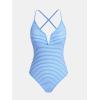 CUPSHE Women’s One Piece Swimsuit Deep V Neck Bathing Suit Crisscross Back Adjustable Straps Spaghetti Ribbed Cheeky(Sky Blue/White Striped)