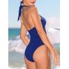 CUPSHE Women’s One Piece Swimsuit Halter Plunging Deep V Neck Side Mesh Panel Bathing Suit Textured Fabric(Royal Blue)