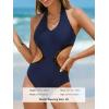CUPSHE Women’s One Piece Swimsuit Halter V Neck Side Cutout Monokini Bathing Suit Trapezoidal Lace Trim(Navy)