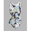 CUPSHE Women’s One Piece Swimsuit High Neck Bathing Suit Side Cutout Color Block Wide Straps Sporty Back Hook(White/Sage Green Tropical)