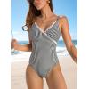 CUPSHE Women’s One Piece Swimsuit Lace Trim Surplice V Neck Bathing Suit Back Hook Adjustable Straps Swimwear(Black White Striped)