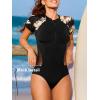 CUPSHE Women’s One Piece Swimsuit Mock Neck Short Sleeve Zipper Front Bathing Suit Rash Guard(Black/Tropical)