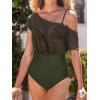 CUPSHE Women’s One Piece Swimsuit Off-Shoulder Mesh Triangle Bikini Top Cap Sleeve Bathing Suit Set Adjustable Tie Swimwear(Eucalyptus Green)