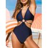 CUPSHE Women’s One Piece Swimsuit Plunging Neck Halter Strappy Bathing Suit Cutouts Swimwear Shining(Navy Blue)