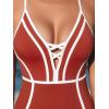 CUPSHE Women’s One Piece Swimsuit Plunging V Neck Bathing Suit Crisscross Back Tie Slimming Color Block(Red/White)