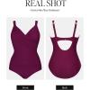CUPSHE Women‘s One Piece Swimsuit Plus Size Tummy Control V Neck Bathing Suit Curvy Cutout Slimming(Wine Red)