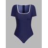 CUPSHE Women’s One Piece Swimsuit Quick Dry Rashguard Bathing Suit Short Sleeve Square Neck Color Block Back Zipper(Navy Blue)