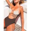 CUPSHE Women’s One Piece Swimsuit Scoop Neck Bathing Suit Cutout Color Block Crisscross Back Spaghetti Self Tie(Brown/Light Beige)