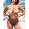 CUPSHE Women’s One Piece Swimsuit Scoop Neck Bathing Suit Cutout Color Block Crisscross Back Spaghetti Self Tie(Brown/Light Beige)