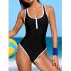 CUPSHE Women’s One Piece Swimsuit Scoop Neck Front Zipper Bathing Suit Racer Back Wide Straps Color Blocked Trim(Black/White)
