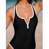 CUPSHE Women’s One Piece Swimsuit Scoop Neck Front Zipper Bathing Suit Racer Back Wide Straps Color Blocked Trim(Black/White)