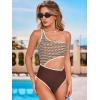 CUPSHE Women’s One Piece Swimsuit Sexy Cutout One Shoulder Asymmetric Bathing Suit Color Block Adjustable Straps(Brown/Sandy Geo)