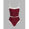 CUPSHE Women’s One Piece Swimsuit Square Neck Bathing Suit Color Block Crisscross Back Cutout Adjustable Straps Self Tie(Wine Red/Beige)