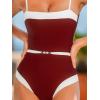 CUPSHE Women’s One Piece Swimsuit Square Neck Bathing Suit Color Block Crisscross Back Cutout Adjustable Straps Self Tie(Wine Red/Beige)