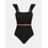 CUPSHE Women’s One Piece Swimsuit Square Neck Ruffled Bathing Suit Stitching Cutout Adjustable Straps Self Tie Textured(Black)