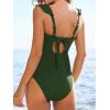 CUPSHE Women’s One Piece Swimsuit Square Neck Ruffled Bathing Suit Stitching Cutout Adjustable Straps Self Tie Textured(Olive Green)