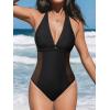 CUPSHE Women’s One Piece Swimsuit V Neck Bathing Suit Mesh Halter Straps Adjustable Self Tie Swimwear Cutouts(Black)