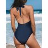 CUPSHE Women’s One Piece Swimsuit V Neck Bathing Suit Mesh Halter Straps Adjustable Self Tie Swimwear Cutouts(Navy Blue)