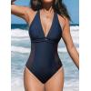CUPSHE Women’s One Piece Swimsuit V Neck Bathing Suit Mesh Halter Straps Adjustable Self Tie Swimwear Cutouts(Navy Blue)