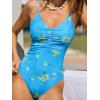 CUPSHE Women’s One Piece Swimsuit V Neck Bathing Suits Low Back Tie Ruching Adjustable Straps Swimwear(Sky Blue/Yellow Floral)