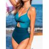 CUPSHE Women’s One Piece Swimsuit V Neck Crisscross Back Tie Front Cutout Colorblock Ruched Tummy Adjustable Straps(Blue/Dark Teal)