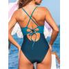 CUPSHE Women’s One Piece Swimsuit V Neck Crisscross Back Tie Front Cutout Colorblock Ruched Tummy Adjustable Straps(Blue/Dark Teal)