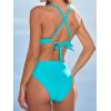 CUPSHE Women’s One Piece Swimsuit V Neck Monokini Shell Stitch Back Self Tie Bathing Suit Cutouts Adjustable(Turquoise)