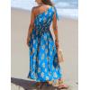 CUPSHE Women’s One Shoulder Floral Printed Sleeveless Smocked Waist Maxi Dress Summer Boho Long Dress(Blue)