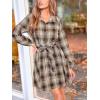 CUPSHE Women’s Plaid Fall Dresses Collared Long Sleeve Belted Tie Front Button Up Shirt Mini Dress(Brown)