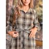 CUPSHE Women’s Plaid Fall Dresses Collared Long Sleeve Belted Tie Front Button Up Shirt Mini Dress(Brown)