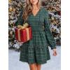 CUPSHE Women’s Plaid Fall Ruffle Mini Dress V Neck Puff Sleeve Casual Autumn Party Dresses(Green)