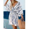 CUPSHE Women’s Plunging V Neck Backless Beach Dress Paisley Boho Blouson Sleeve Back Tie Waist Tie Mini Summer Dresses(Blue)