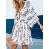 CUPSHE Women’s Plunging V Neck Backless Beach Dress Paisley Boho Blouson Sleeve Back Tie Waist Tie Mini Summer Dresses(Blue)