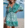CUPSHE Women’s Plunging V Neck Backless Beach Dress Paisley Boho Blouson Sleeve Back Tie Waist Tie Mini Summer Dresses(Green Paisley)