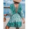CUPSHE Women’s Plunging V Neck Backless Beach Dress Paisley Boho Blouson Sleeve Back Tie Waist Tie Mini Summer Dresses(Green Paisley)