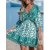 CUPSHE Women’s Plunging V Neck Backless Beach Dress Paisley Boho Blouson Sleeve Back Tie Waist Tie Mini Summer Dresses(Green Paisley)
