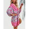 CUPSHE Women’s Plunging V Neck Backless Beach Dress Paisley Boho Blouson Sleeve Back Tie Waist Tie Mini Summer Dresses(Hot Pink)